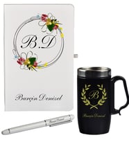 Kişiye Özel Şık Çiçek Desenli Hediye Defter Kalem Ve Siyah Termos Mug Seti