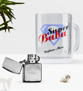 BK Gift Kişiye Özel Süper Baba Cam Kupa Bardak Benzinli Metal Çakmak Seti-5 (Model 1)