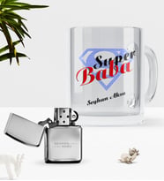 BK Gift Kişiye Özel Süper Baba Cam Kupa Bardak Benzinli Metal Çakmak Seti-5 (Model 1)