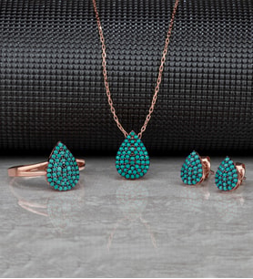 Gümüş Zirkon Taşlı " Damla " Tasarım Kolye-Küpe-Yüzük Set (Rose)