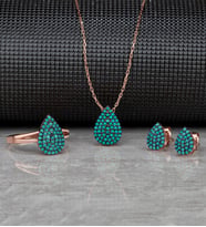Gümüş Zirkon Taşlı " Damla " Tasarım Kolye-Küpe-Yüzük Set (Rose)