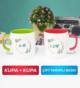 İkili Çiçek Tasarımlı İsme Özel Kupa Bardak Yeşil Kırmızı