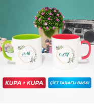 İkili Çiçek Tasarımlı İsme Özel Kupa Bardak Yeşil Kırmızı