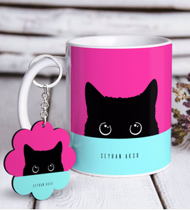 BK Gift Kişiye Özel Sevimli Kedi Beyaz Kupa ve Anahtarlık Hediye Seti-2 (Model 1)