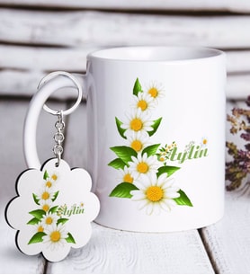 BK Gift Kişiye Özel Papatya Tasarımlı Beyaz Kupa ve Anahtarlık Hediye Seti-8 (Model 1)