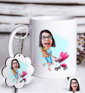 BK Gift Kişiye Özel Ev Hanımı Karikatürlü Beyaz Kupa ve Anahtarlık Hediye Seti-1 (Model 1)