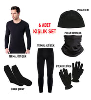 Termal İçlik Seti Siyah Polar Bere Boyunluk Eldiven ve Kışlık Havlu Çorap