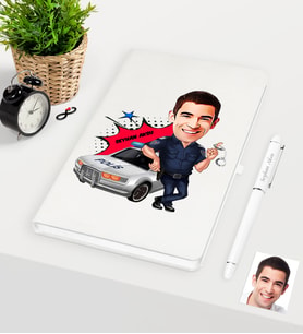 BK Gift Kişiye Özel Bay Trafik Polisi Karikatürlü Beyaz Defter Kalem Seti - 1