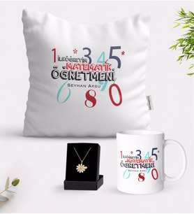 BK Gift Kişiye Özel İlköğretim Matematik Öğretmeni Beyaz Kupa Yastık ve İsimli Papatya Kolye Hediye Seti (Model 1)