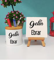 Gelin Tasarımlı Kişiye Özel Gelin Kalemlik ve Dekoratif Taş Baskı Hediye Seti
