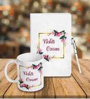 İsminize Özel Beyaz Deri Defter & Metal Tükenmez Kalem + Kupa Bardak