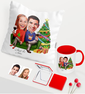 BK Gift Kişiye Özel Yılbaşı Sevgililer Karikatürlü Kırmızı Kupa Ayna Yastık Seti - 4