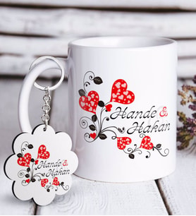 BK Gift Kişiye Özel Sevgililer Günü Beyaz Kupa ve Anahtarlık Hediye Seti-2 (Model 1)