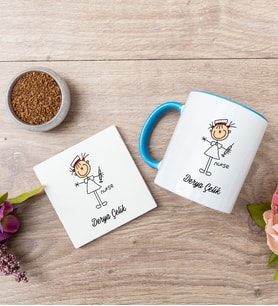 Bayan Diş Hekimi Karikatürü Mavi Kupa Bardak Ve Bardak Altlığı Seti