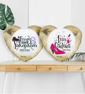 BK Gift Kişiye Özel İkili Evin Yakışıklısı Ve Süslüsü Altın Yaldız Sihirli Kalp Yastık  1