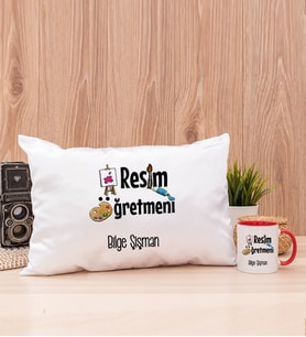 Resim Öğretmeni Dikdörtgen Yastık ve Kırmızı Kupa Bardak