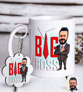 BK Gift Kişiye Özel Erkek Big Boss Karikatürlü Beyaz Kupa ve Anahtarlık Hediye Seti-4 (Model 1)