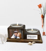 BK Gift Kişiye Özel Fotoğraflı Dekoratif 2 Katlı Doğal Ahşap Mumluk-Ceviz (Kahverengi)