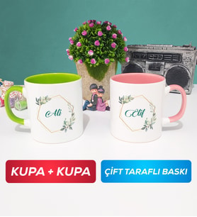 İkili Çiçek Tasarımlı İsme Özel Kupa Bardak Yeşil Pembe