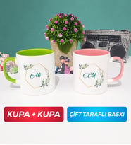 İkili Çiçek Tasarımlı İsme Özel Kupa Bardak Yeşil Pembe