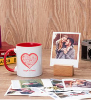 Kişiye Özel Kalpli Kırmızı Kupa Bardak ve Ahşap Standlı Polaroid Set