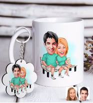 BK Gift Kişiye Özel Sevgililer Karikatürlü Beyaz Kupa ve Anahtarlık Hediye Seti-55 (Model 1)
