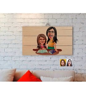 BK Gift Kişiye Özel Anne Kız Karikatürlü Otantik Ahşap Palet Tablo-1
