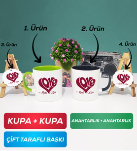 İkili Yeşil Siyah Love Tasarımlı Sevgililer Günü Hediyesi Kupa Bardak Anahtarlık