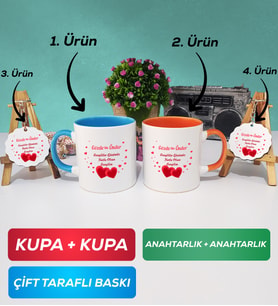 İkili Mavi Turuncu Sevgiliye Sevgililer Günü Hediyesi 6 Kupa Bardak Anahtarlık