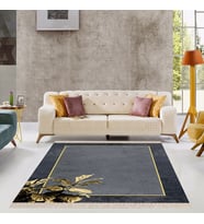 Gold Altın Sarısı Yaprak Desenli Gold Çerçeveli Dijital Baskı Yıkanabilir Modern Salon Halı Yolluk (Gri)