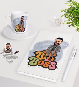 BK Gift Kişiye Özel Erkek Big Boss Karikatürlü Beyaz Defter Kalem Türk Kahvesi Fincanı Seti-3 (Model 1)