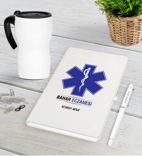BK Gift Kişiye Özel Eczane Beyaz Defter Kalem Termos Mug Seti-2 (Model 1)