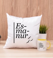 İsme Özel Heceli Kare Yastık ve Sarı Kupa Bardak