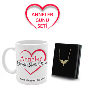 Anneler Gününe Özel Mesajlı Kupa & Gold Renk Melek Kolye Hediye Seti