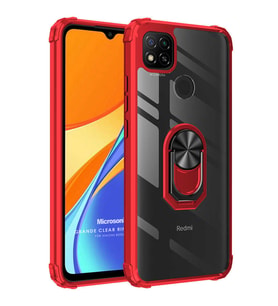 Microsonic Xiaomi Redmi 9C Kılıf Grande Clear Ring Holder Kırmızı