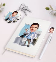 BK Gift Kişiye Özel Erkek Veteriner Hekim Karikatürlü Beyaz Defter Kalem ve Anahtarlık Hediye Seti (Model 1)