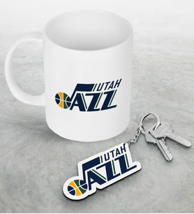 NBA Utah Jazz Beyaz Kupa ve Ahşap Anahtarlık Seti (Model 1)
