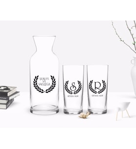 BK Gift Kişiye Özel Renkli Baskılı Çelenk Baş Harfli İsimli İkili Rakı Bardağı ve Karaf Hediye Seti-3 (Model 1)