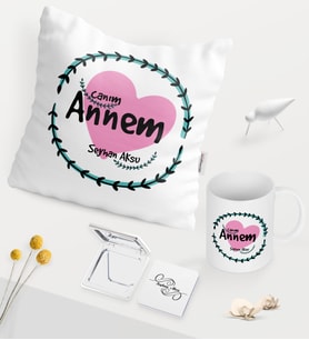BK Gift Kişiye Özel Canım Annem Beyaz Kupa Ayna Yastık Seti - 10 (Model 1)