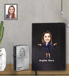 Kişiye Özel Öğretmen Karikatürlü Siyah Defter Çakmak Hediye Seti Bayan-4 (Model 1)