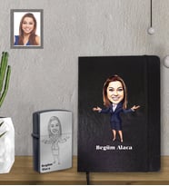 Kişiye Özel Öğretmen Karikatürlü Siyah Defter Çakmak Hediye Seti Bayan-4 (Model 1)