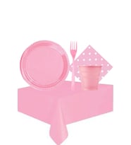 Pembe 25 Kişilik Plastik, Bardak, Çatal, Tabak, Puantiyeli Peçete, Masa Örtüsü