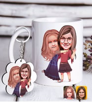 BK Gift Kişiye Özel Kız Kardeşler Karikatürlü Beyaz Kupa ve Anahtarlık Hediye Seti-6 (Model 1)