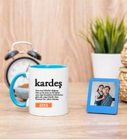 Kardeş Kelime Anlamı Mavi Kupa Bardak ve Mavi Mini Fotoğraf Çerçevesi