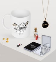 BK Gift Kişiye Özel Kaligrafi Anne Kupa Ayna ve Siyah Mineli Kolye Seti (Model 1)