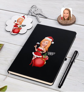 BK Gift Kişiye Özel Kadın Yeni Yıl Karikatürlü Siyah Defter Kalem ve Anahtarlık Hediye Seti-1 (Model 1)