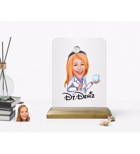 BK Gift Kişiye Özel Kadın Diş Hekimi Karikatürlü Ahşap Standlı Çerçeve (Beyaz)
