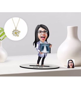 BK Gift Kişiye Özel Kadın Radyolojist Karikatürlü 3D Ahşap Biblo ve İsimli Tarihli Papatya Kolye Seti-1 (Model 1)