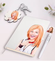 BK Gift Kişiye Özel Bayan Karikatürlü Beyaz Defter Kalem Ve Anahtarlık Hediye Seti-35 (Model 1)