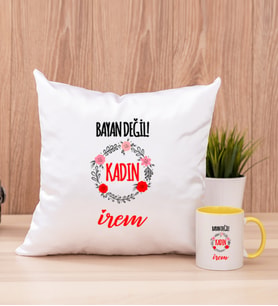 Bayan Değil Kadın Kare Yastık ve Sarı Kupa Bardak
